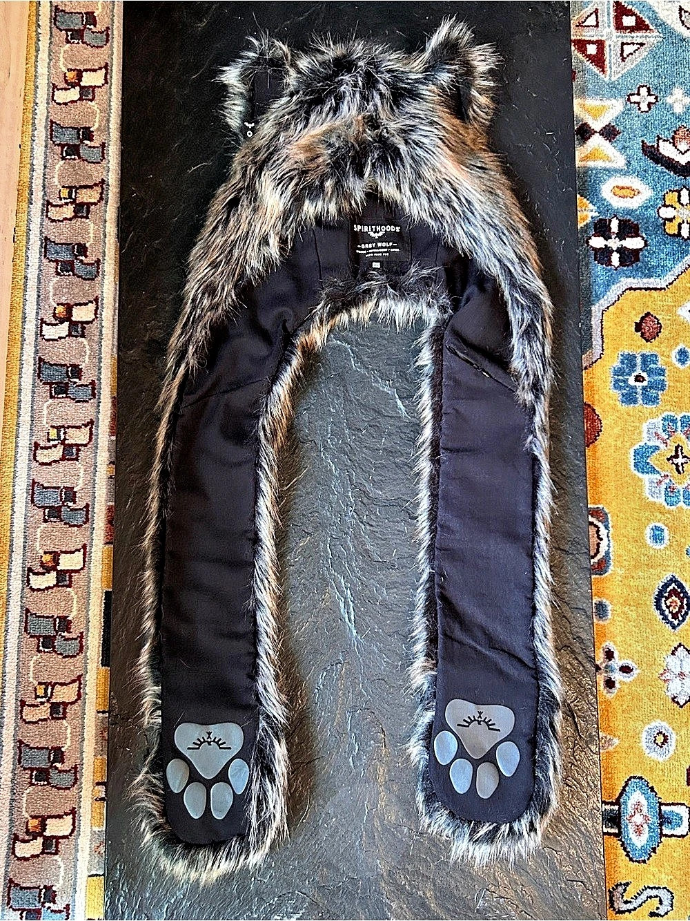 Spirithoods Grey Wolf Faux Fur Hooded Scarf in Black & Brown